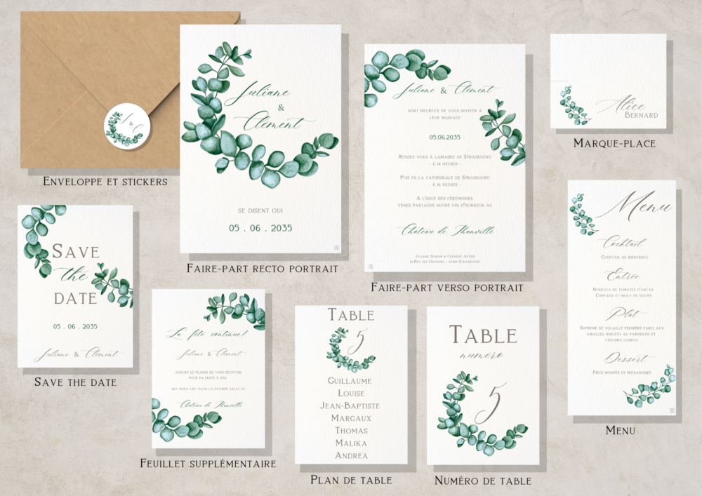 Fairepart mariage Alsace fait main eucalyptus