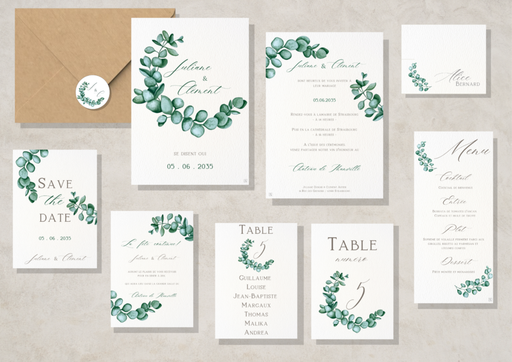 Fairepart mariage Alsace fait main eucalyptus